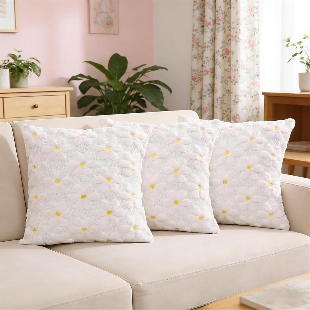 Spring Pillow Covers 18x18 Inch Set of 3 Cute Daisy Flower Throw Pillow Covers Farmhouse White Yellow Pillowcase Soft Plush Cushion Covers Spring Summer Home Decor