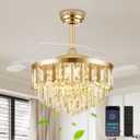 42" Fandelier Ceiling Fan with Light, Crystal Chandelier Fan with Retractable Blades LED Dimmable Crystal Ceiling Fan Chandelier for Bedroom Living Room Dining Room-Gold