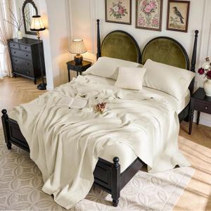 SONORO KATE 100% French Pure Linen Sheets, Breathable and Durable Line Twin XL Size Sheets, Anti-Tear Line Bed Sheets, Machine Washable, 16 Inch Deep Pocket - 3 Piece (Cream, Twin XL)