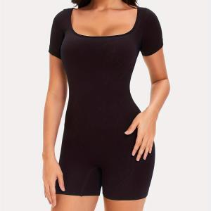 Women's Black Slim-Fit Short Sleeve Square Neck Bodysuit Shorts Tight-Fitting Seamless Jumpsuit for Casual Night Out,Medium