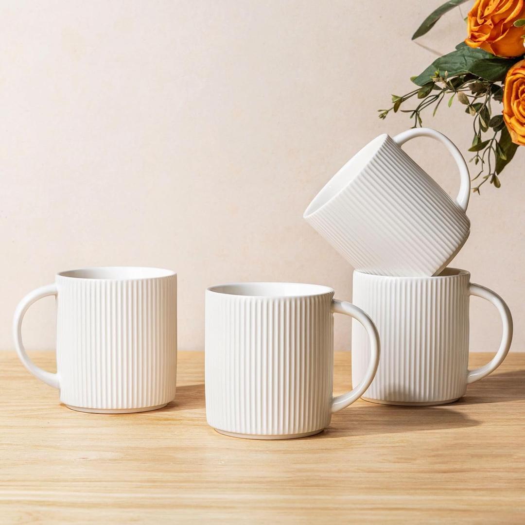 theterra Ceramic Coffee Mugs Set of 4, 14.2oz Handmade Coffee Cups with Handle for Latte, Tea, Milk, Beer, Hot Cocoa, Bright White