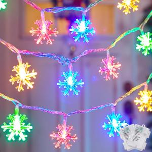 Brightown 2 Pack Ourdoor Snowflake String Lights,50 LED 26 Ft Multicolor Christmas Lights Battery Operated,8 Lighting Modes,Waterproof Shatterproof Twinkle Fairy Holiday Lights Room Gardenxmas Deco