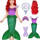 Ariel Mermaid Costume for Girls Kids Princess Dress with Wig Necklace Accessories Set for Halloween Costume Birthday (XXXL)