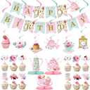 Zonon 40 Pcs Tea Party Birthday Decoration Set with Happy Birthday Banner, Cupcake Toppers, Table Centerpieces, Hanging Swirls Tea Party Supplies for Women Spring Floral Hanging Decor for Baby Shower
