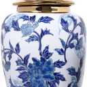 Blue and White Ginger Jar 16" Tall Vase, Gold Trim Porcelain Decor