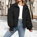 Womens Winter Cropped Puffer Jacket Coat Casual Quilted Baggy Long Sleeve Zip Down Jackets Outerwear (Black, M)