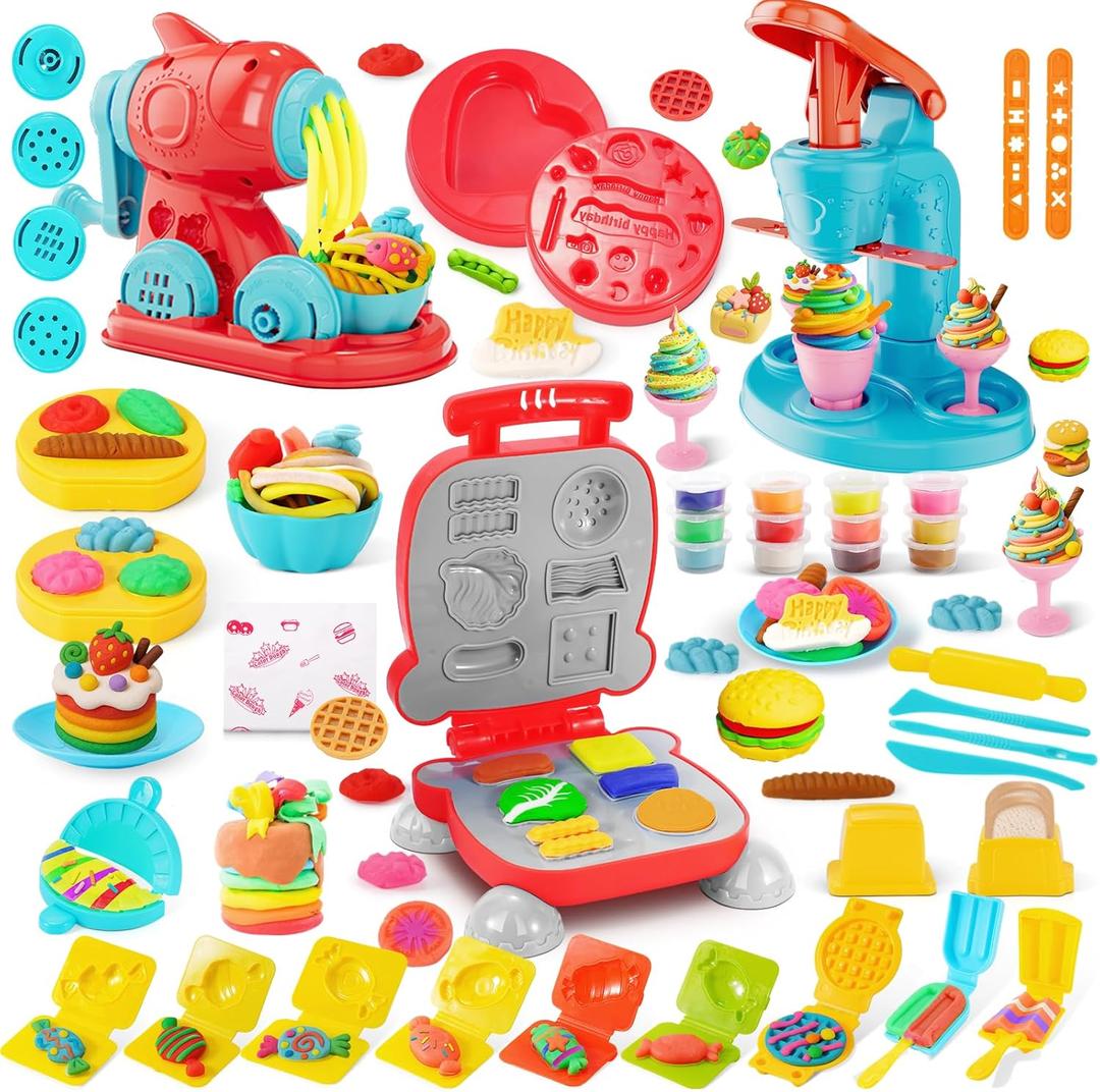 3-in-1 Color Dough Sets for Kids Ages 4-8, Ice Cream Hamburger Noodle Maker Toy for Kids 3-12, Arts &Crafts Gift for Toddler, Christmas Birthday Gifts for Boys Girls (12 Color Dough)