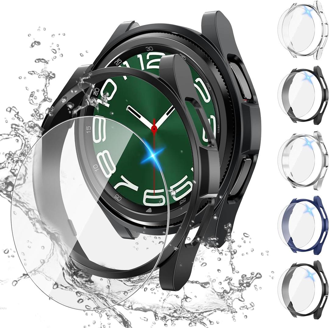 Tensea [5+5Pack for Samsung Galaxy Watch 6 Classic Screen Protector Case 47mm, Hard PC Bumper/HD Anti-Fog Tempered Glass Protective Film, Face Cover Set, Galaxy Watch 6 Classic Case for Women Men (Clear/Black/Black/Silver/Blue)