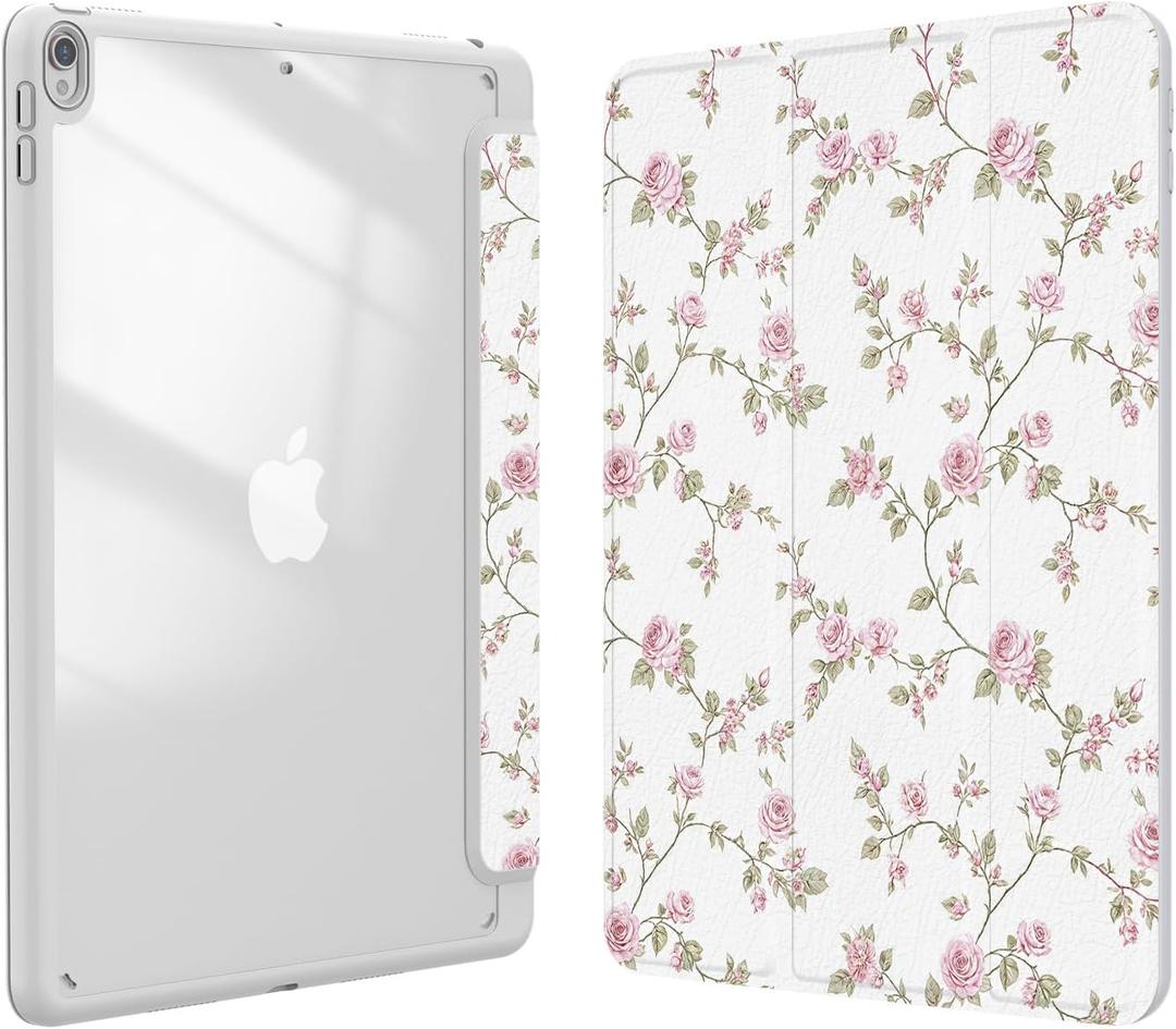 Case for iPad pro 10.5 inch 2017/ iPad Air 3rd Generation 2019, Case with Pencil Holder, Stand Clear Back Cover Cute Cool Design for Women Girls, Auto Sleep/Wake, Pink Flower