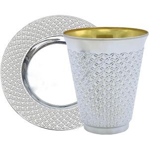 Exquisite 5.5 oz Disposable Plastic Kiddush Cup and Tatz Silver Cup and Saucer Set for Passover, Shabbat, Wedding, Brit and Year Round -10 Count - 5 Sets