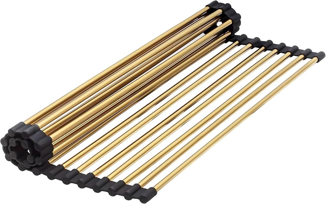 Gold Over Sink Dish Drying Rack - 17.7” x 13.4“Roll Up Dish Drying Rack, Silicone Wrapped Kitchen Rolling Dish Drainer, Anti-Slip Foldable Sink Rack Mat, Multipurpose Dish Racks For Kitchen Counter