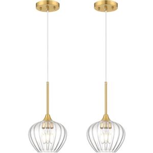 2-Pack Glass Pendant Lights Kitchen Island, 7" Modern Gold Pendant Lighting Adjustable Hanging Light Fixtures for Kitchen, Dining Room, Bathroom, Bedroom