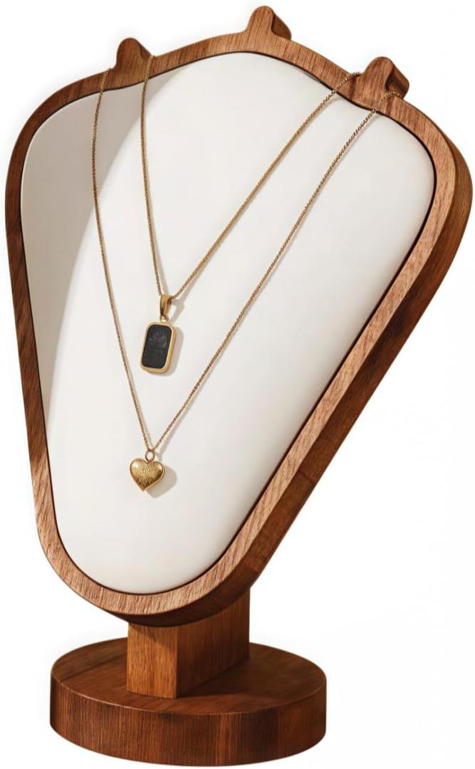 Walnut Color Body Wood Necklace Display Stand with White Leather Soft Mat Necklace Holder Organizer Desktop Stand for Home Store Dresser-3.3"x5.8"x8.4"
