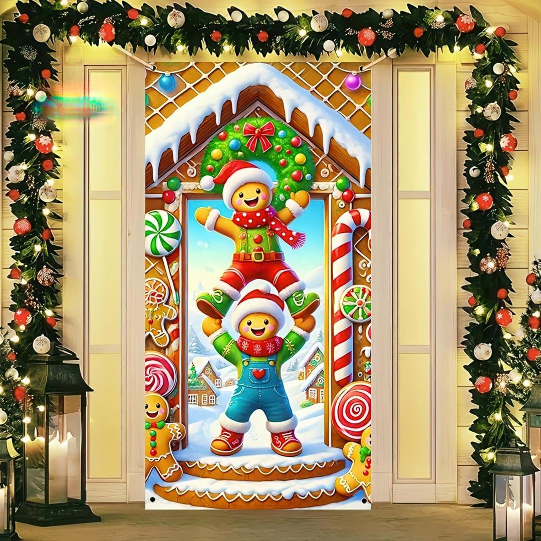 2 x BlissYard Christmas Door Cover 71x35 Inch Gingerbread Kids Door Banner, Merry Christmas Winter Porch Sign for Front Door, Cute Holiday Entry Decor Indoor Outdoor Farmhouse Party Hanging Cover