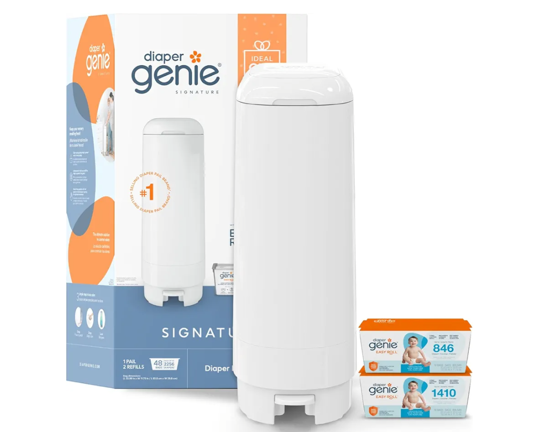 Diaper Genie Signature Gift Set | Includes Easy Roll Refill with 48 Bags | Holds Up to 2256 Newborn Diapers, Plastic