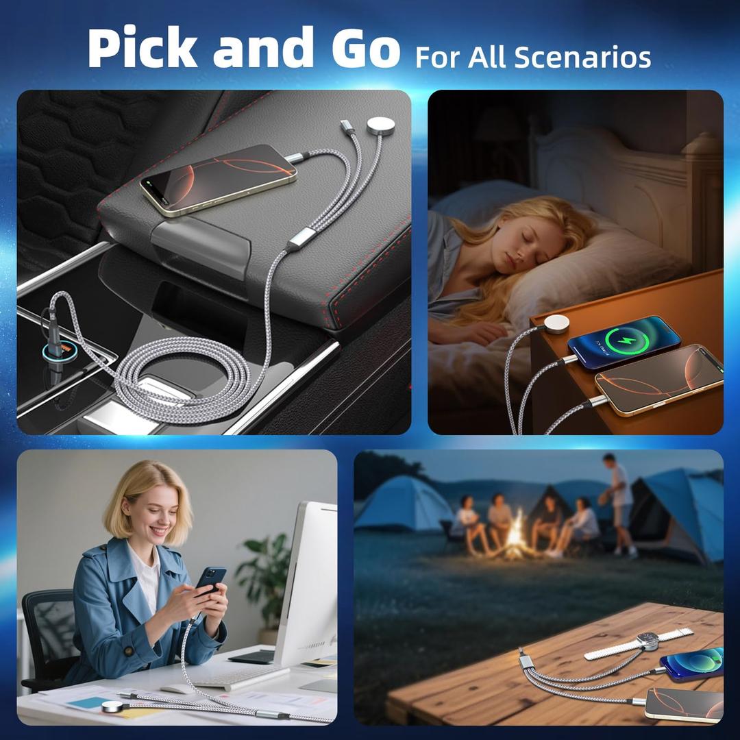 Travel Essentials 3 in 1 Charging Cable for Apple iWatch Charger (1Pack 5FT), UB-A/USB-C Multi Charging Cable/Cord for All Devices Compatible for iWatch Ultra/SE/10-1, iPhone16 15 14, Android, More