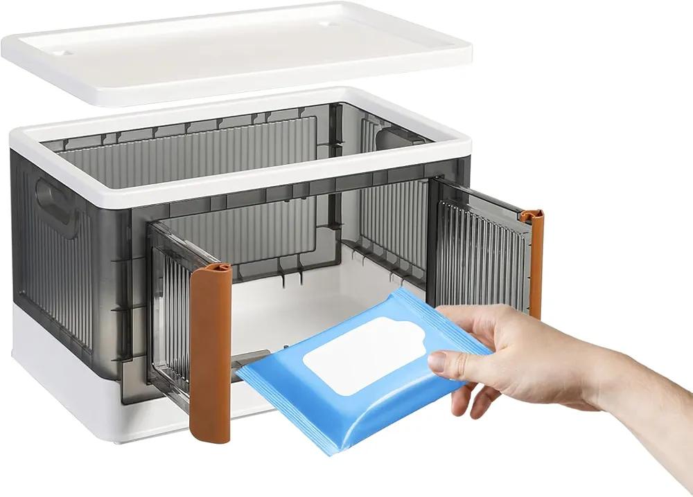 Stackable Storage - Folding Storage Bins - Foldable Storage Bins - Storage Bin With Doors - Folding Storage Bin-Front Opening Storage Bins - Collapsible Stackable Storage Bins (25.19 x 15.74 x 14.56)