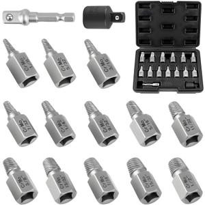 Screw Extractor Set 15-Piece, 3/8" Hex Drive Easy Out Bolt Extractor Kit, Multi-Spline Screw Remover Tool Kit for Stripped, Rounded, Broken, Damaged Screws, Bolts and Nuts