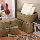 Woanger Set of 4 Wicker Storage Baskets OrganizerHandwoven Storage Bins with Lid for Organizing, Home Utility Box for Home Office Supplies Multipurpose Container(Natural Color)