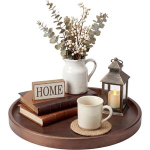 Round Natural Wood Tray - 12 Inch Decorative Serving Tray with Handles, Solid Wooden Coffee Table Tray for Ottoman, Vanity, Entryway, Snacks, Drinks & Home Decor