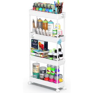 SPACEKEEPER Slim Rolling Storage Cart 4 Tier Bathroom Organizer Mobile Shelving Unit Utility Cart Tower Rack for Kitchen Laundry Narrow Places, White