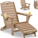 Folding Adirondack Chair with Retractable Ottoman Weather Resistant Fire Pit Chair Patio Chair with 2 Cup Holder Lawn Outdoor Lounge Chair (Teak)