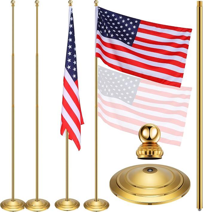 Threan 2 Sets Telescoping Flag Pole with Stainless Steel Gold Base, 8.53 Ft