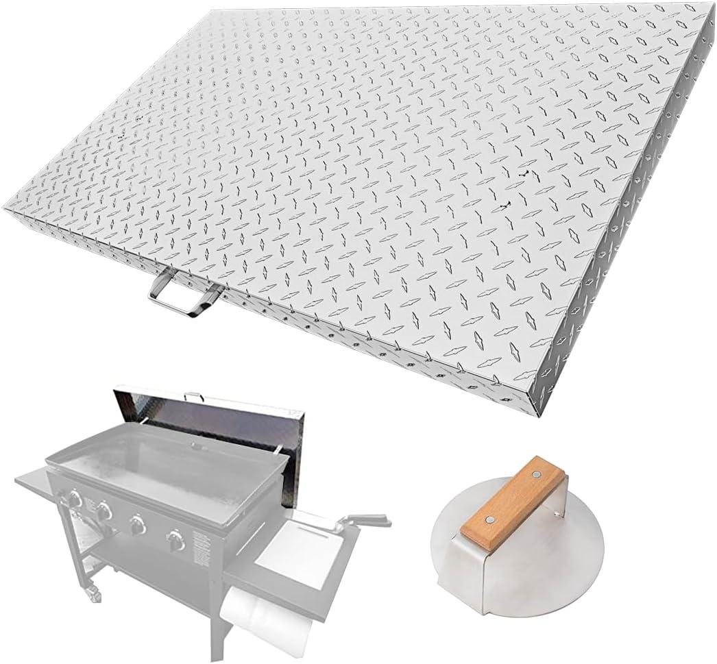 PREMIUM HOME Griddle Cover 36 Inch: for Blackstone Griddle | BONUS Meat Press | Blackstone Griddle Cover Accessories | Flat Top Griddle/Grill Cover | Use as Tabletop | Diamond Plate Aluminum