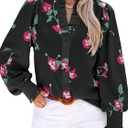 Tankaneo Womens Floral Ruffle Blouses Dressy Casual Long Puff Sleeve Boho Tops V Neck Button Down Shirts Black (M)