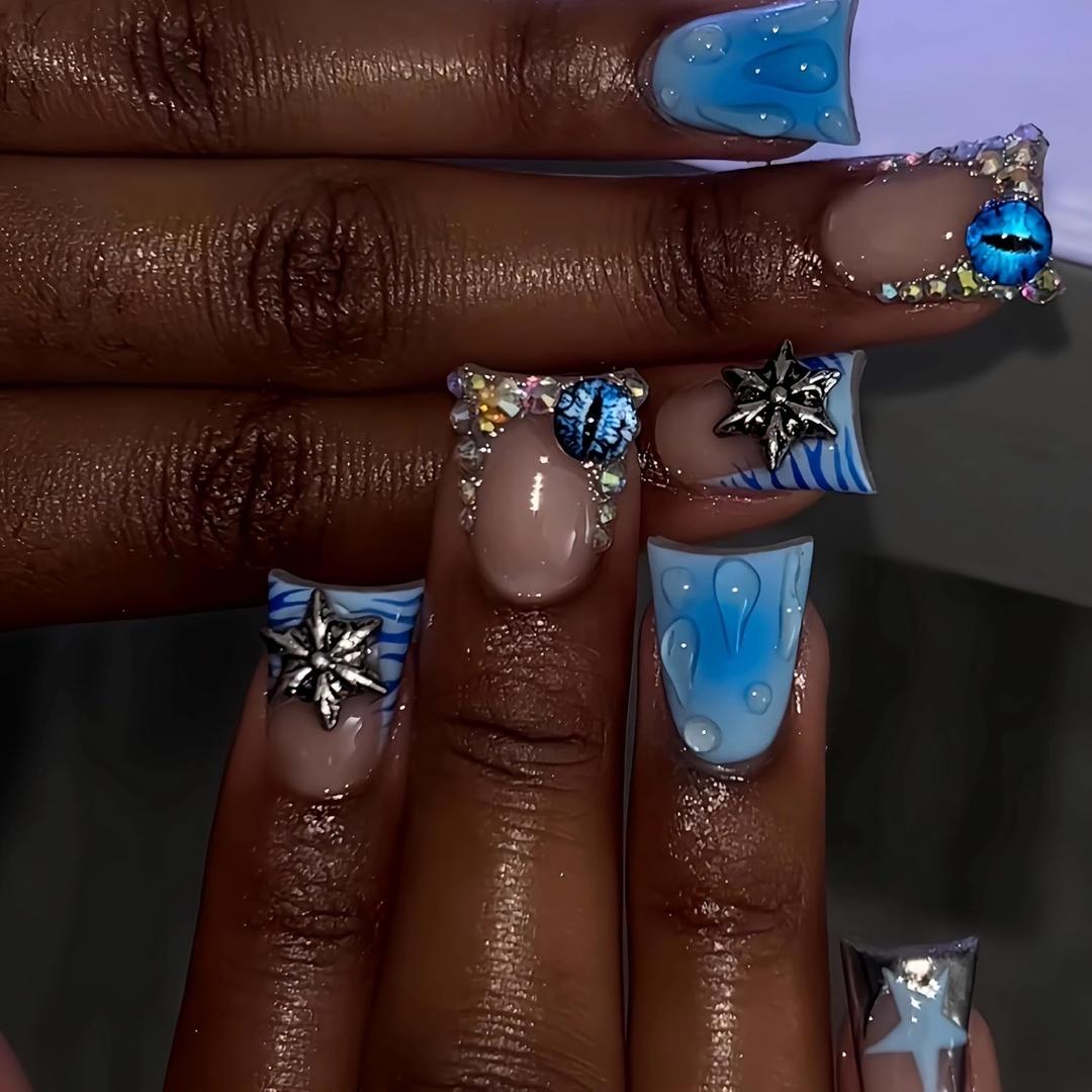 BABALAL Duck Nails Press on - Blue Ombre Fake Nails, with Charm, 3D Handmade, Star, Y2k, 24Pcs Trendy Full Cover Duck Bill Acrylic False Nails