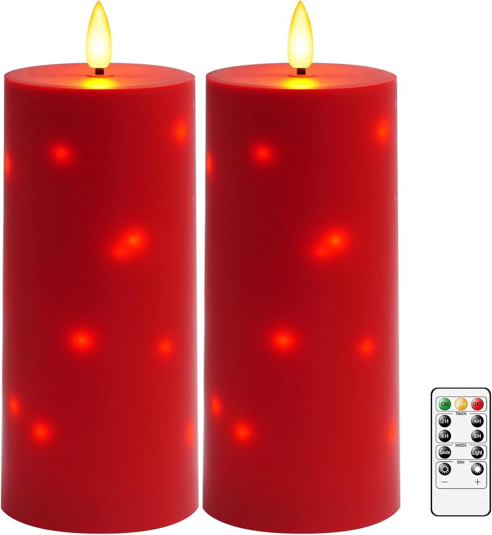 10" x 4" Large Outdoor Waterproof Flickering Flameless Candles with Timer,2Pcs Battery Operated LED Pillar Candles with Embedded Star String for Outdoor Lanterns, Porch, Patio Decor(red)