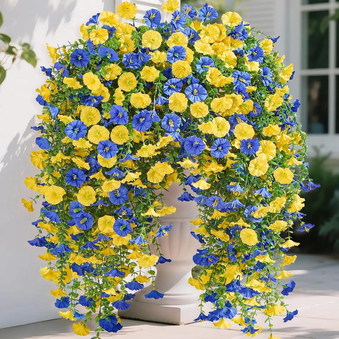 Serwalin Artificial Hanging Flowers for Outdoors Faux Plants, 4PCS Faux Morning Glory Fake Outdoor Flowers UV Resistant Realistic Silk Flower for Outside Planter Front Door Porch Patio Yard Decor