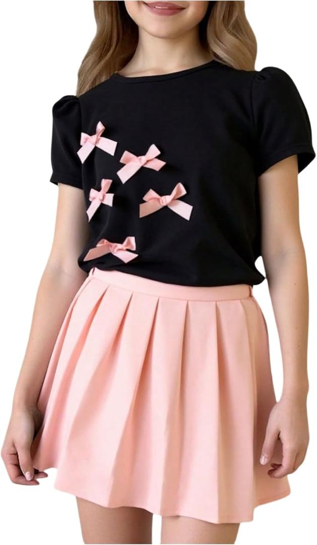 RoseSeek Girl's 2 Piece Preppy Summer Outfits 3D Bowknot T Shirt and Mini Pleated Skirts Clothing Set (Pink), 10Y