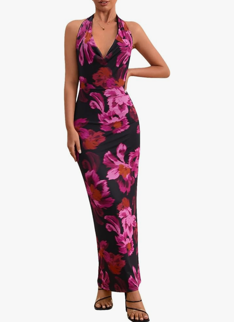 Women's Floral Halter Dress Backless Mesh Deep V Neck Cotail Wedding Party Maxi Dress 3XL