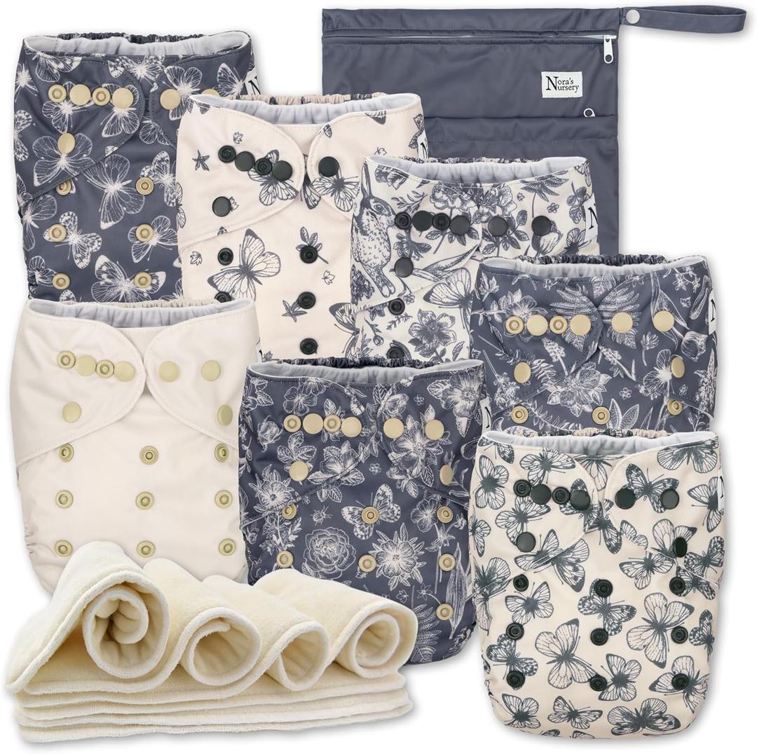 Nora's Nursery Cloth Diapers 7 Pack with 7 Inserts & 1 Wet Bag - Waterproof Cover, Washable, Reusable & One Size Adjustable Pocket Diapers for Newborns and Toddlers - Country Garden