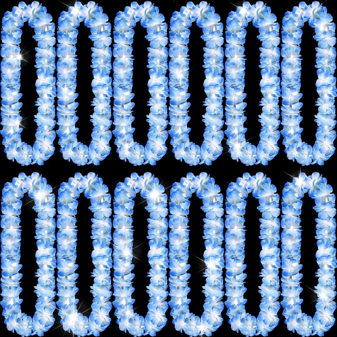 Sherr White Light Up Hawaiian Leis LED Flower Leis Necklace Flower with LED Lights Luau Flowers Necklaces for Wedding Masquerade Beach Tropical Halloween Christmas Party Supplies