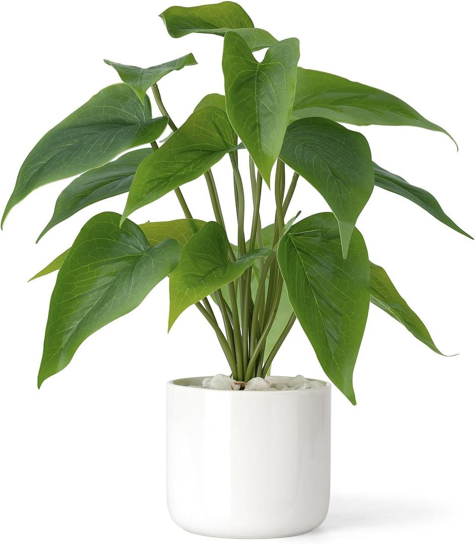 Mkono Fake Plants in Ceramic Pot, 11" Potted Artificial Plants for Home Decor Indoor Faux Green Leaf Plant with Modern White Planter for Desk Shelf Office Room Decoration (Pothos) (Small)