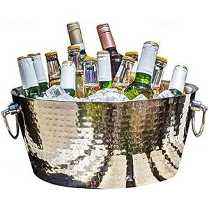 BREKX Hammered Stainless-Steel Beverage Tub, Double-Walled Insulated Anchored Drink Tub & Ice Bucket with Double Hinged Handles, Drink Chiller for Parties, 12 Quarts