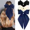 Velscrun Hair Bows for Women Girls 3Pcs White Bow Black Bow Navy Blue Big Hair Bows Clip Silky Satin Large Hair Ribbons Oversized Long Tail HairBows Hair Barrettes Accessories Gifts