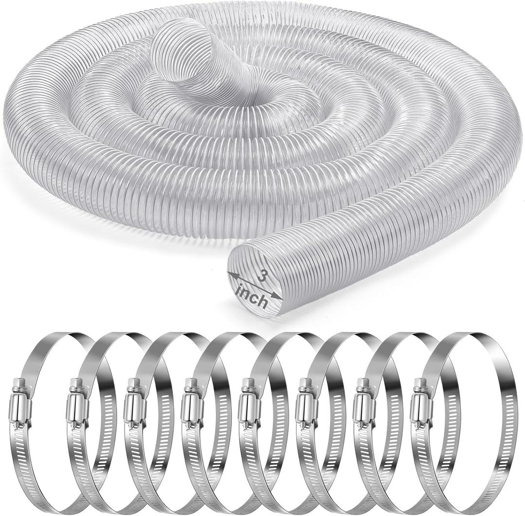Yaocom 3 Inches 30 ft PVC Dust Collection Hose with Stainless Steel Hose Clamps Set Flexible Clear Vacuum Hose Puncture Resistant Fume Hose for Vacuums Cleaner Fume Dust Collection System (White)