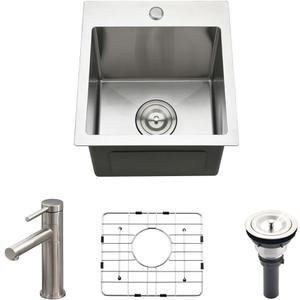 13 Inch Drop In Bar Sink with Faucet Combo - SZBAQTM 13"x15"x10" Stainless Steel Topmount Sinks 18 Gauge T304 Single Bowl Kitchen Sink with Pull-Out Faucet
