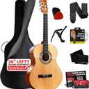 Pyle Left Handed Beginner Acoustic Guitar Kit, 3/4 Junior Size All Wood Build Nylon String Instrument with Capo, Strap, Extra String Set, Gig Bag, Guitars for Beginners Adults Youth, 36" Natural Gloss