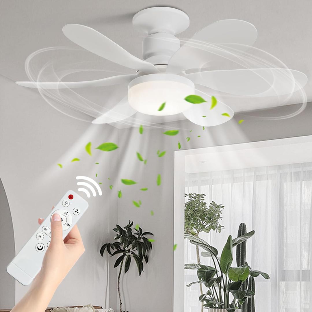 Huaerle Socket Fan Light with Remote Portable Ceiling Fans with Lights 3 Speeds 3 Colors Led Fan Lights for Bedroom Living Room (White)