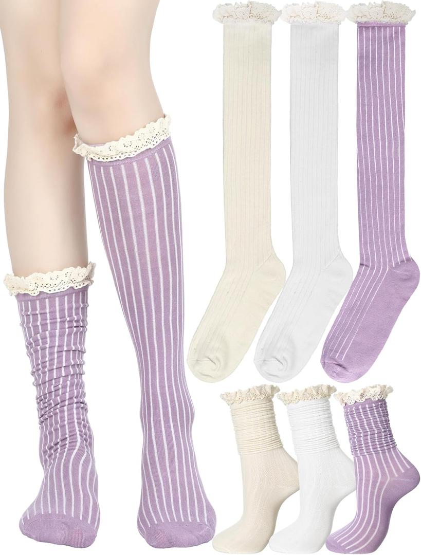 3 Pairs Cotton Knit Boot Knee High Stockings with Lace Trim Slouch Stacked Scrunch Socks (White,beige,pink)
