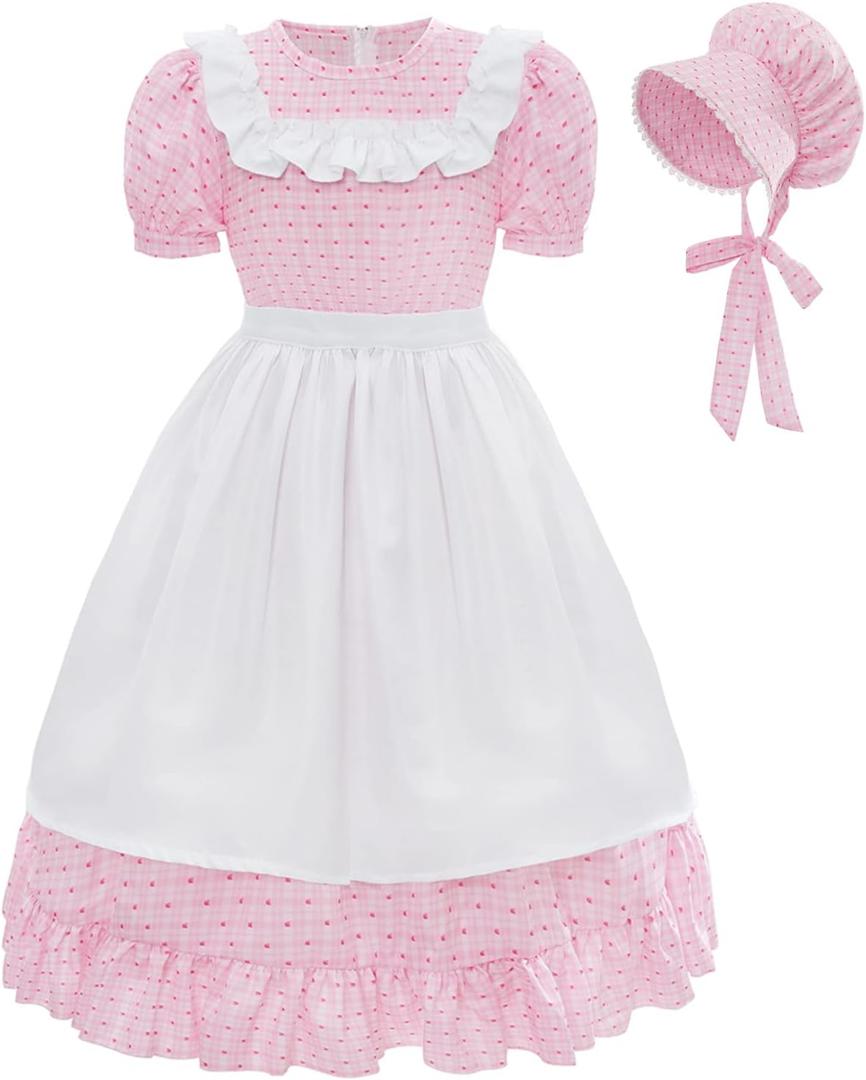 CR ROLECOS Kids Prairie Pioneer Dresses for Girls Ruffles Colonial Pilgrim Costumes Dress 3 Pieces Pink Polka Dots XL