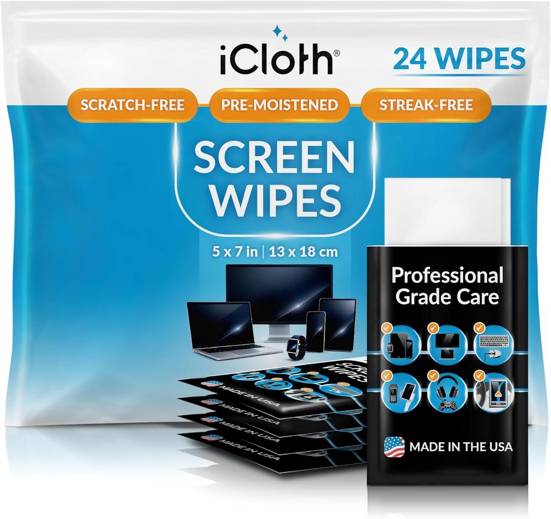 Screen Cleaner Wipes by iCloth  Individually Wrapped  Travel Size  Streak-Free (24 Large Wipes)