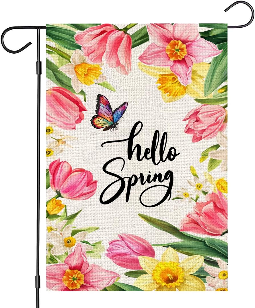 Hello Spring Tulips Daffodils Garden Flag 12x18 Inch Double Sided Outside, Small Burlap Floral Butterfly Seasonal Yard Outdoor Flag