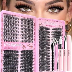 Lash Clusters Kit, 560 Pcs Eyelashes Clusters Kit 9-16mm Individual Volume Lash Extension Kit D Curl Fluffy Wispy False Eyelashes (40D+60D+80D New, With Bond & Seal Tweezers Brush)