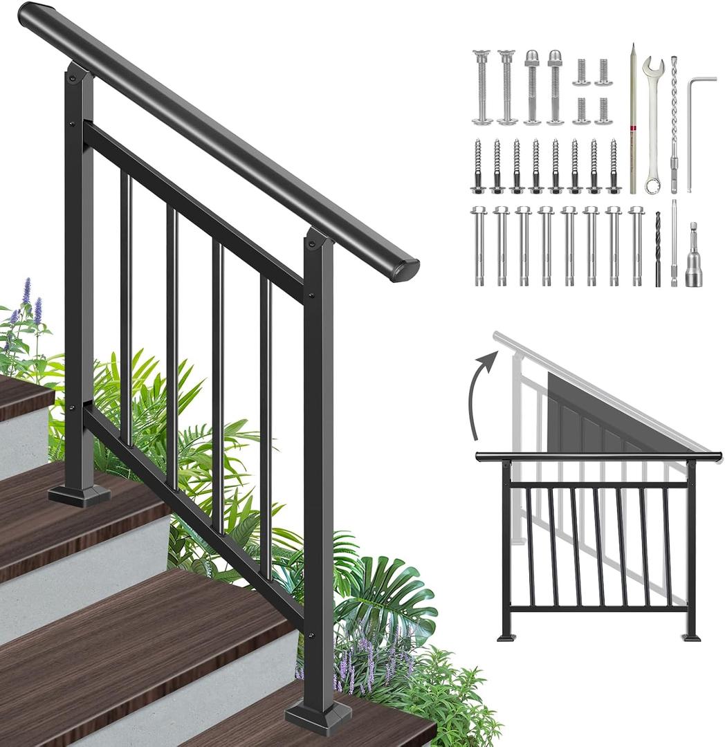 Adjustable Handrails for Outdoor Steps Black Metal Stair Railing with Flexible Angle Design, 3 Steps Handrail or Horizontal Use, Wrought Iron Hand Rails with Installation Kit