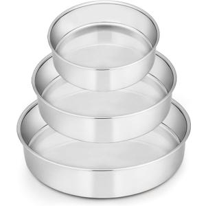 E-far Cake Pan Set of 3 (6 inch/8 inch/9 inch), Stainless Steel Round Layer Cake Baking Pans, Perfect for Birthday Wedding Tier Cake, Non-Toxic & Healthy, Mirror Finish & Dishwasher Safe